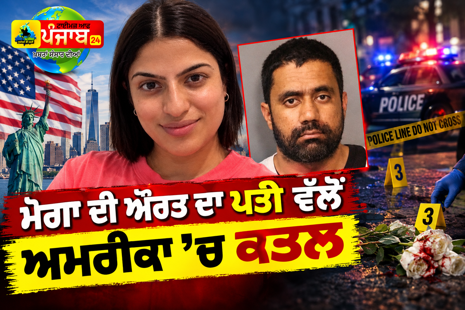 ਮੋਗਾ  ਨੇੜਲੇ  ਪਿੰਡ ਡਾਲਾ ਦੇ ਵਿਅਕਤੀ ਵੱਲੋਂ ਅਮਰੀਕਾ ਵਿਖੇ ਆਪਣੀ ਪਤਨੀ ਦਾ ਬੇਰਹਿਮੀ ਨਾਲ ਕਤਲ